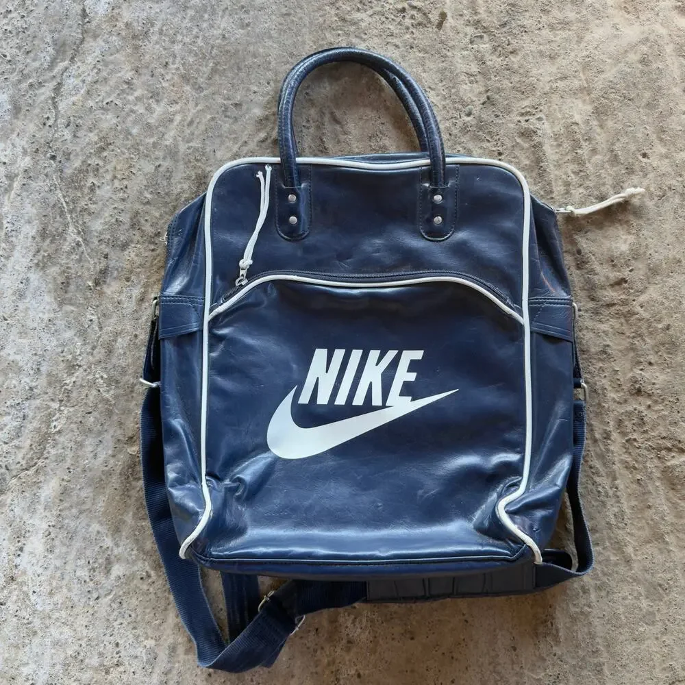 Vintage 1970s Nike Leather Faux Leather Blue Duffle Bag Travelite Logo Athletic